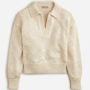 J. Crew Sequin Sweater Polo Small B5953 V-Neck Pullover Cotton Blend Beige Ivory